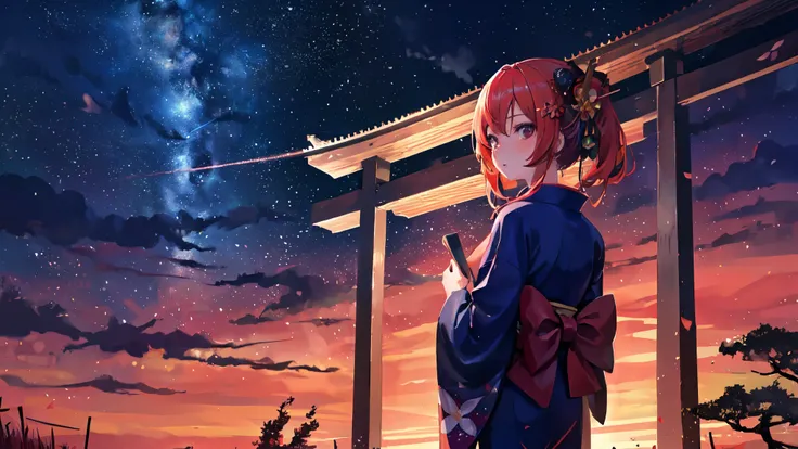 One girl, distant girl wearing a kimono staring at the performer, (Zoom out:1.1), (Meteors:1.2), (comet:1.1), yourname, Low - Angle, From behind, Aloura Borealis, shooting star, yukata, Red kimono, cherry blossoms, Standing in the field,Highest quality, ma...