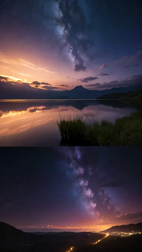 (Highest quality,4K,8K,16K,High resolution,masterpiece:1.2),Super detailed,(Realistic,photoRealistic,photo-Realistic:1.37),Night sunset landscape,Stars in the sky,Moon,Shining Star,Majestic moonlight,Quiet atmosphere,Serene landscape,Twinkling Star,Night b...