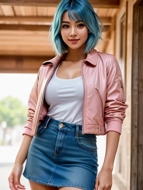 (blue hair:1.4), short hair, realistic green eyes, cobalt hair,  long bob hair, tousled hair, shoulder length hair, Full body, woman with white skin and Asian features, 24 year old, big breast. She has a small, elegant nose with a slight upward curve at th...