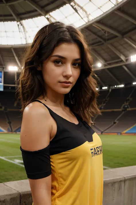 Photo of a woman standing in the stadium with a Fenerbaçe shirt and dark brown eyes, Draw shoulder-length dark brown curly hair and beautiful natural lips