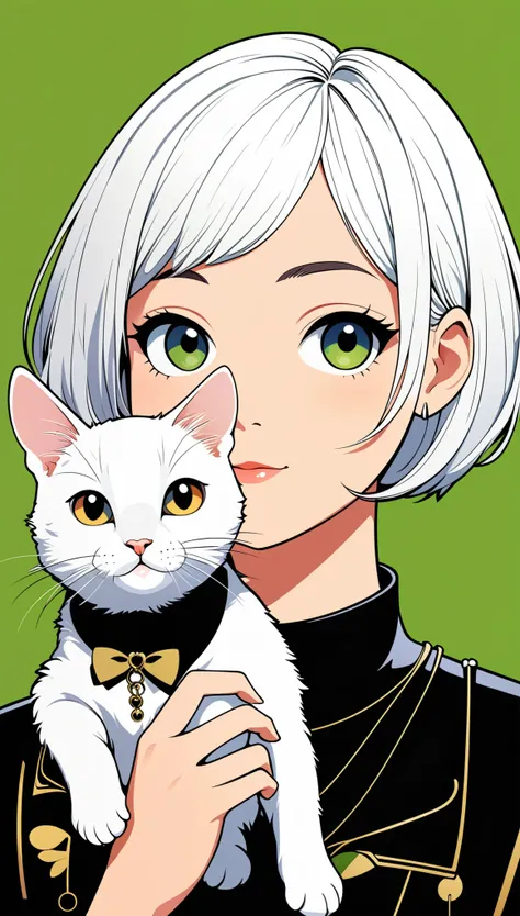 in style of Blek le Rat,Girl avatar, cute avatar, short hair, white hair, flat illustrations, flat characters, cartoon, looking at the camera, holding a cat in hand, close-up avatar, minimalist art, high saturation,solid color background, graphic illustrat...