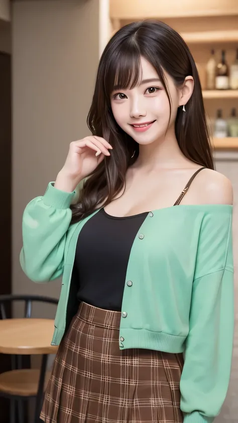  Highest quality、Confused、((The cutest girl in the world))、Japanese、16-year-old girl、Cafe、((spring-like clothes))、(skirt)、(Off-the-shoulder jacket)、Nice and cute、An innocent smile、nice smile、Big Breasts、(Ample breasts:1.3)、ponytail、Brown Hair、Narrow waist、...