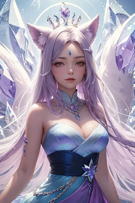 ((best quality)), ((masterpiece)), (detailed), humanoid, rainbow colored kitsune, crystal crown above head, light purple hair, light purple fox ears, crystallized foxtails, crystal foxtails, crystal forehead markings