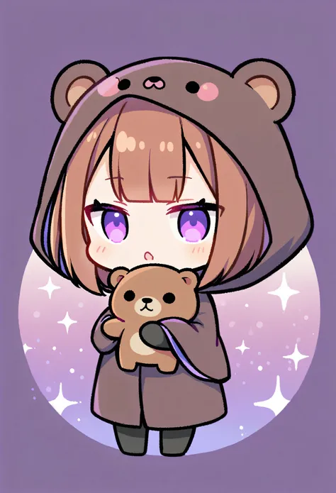 bangs bangs、bangs、crisp bangs、long brown hair、wearing a dark brown bear hood、茶髪ロングのchibi character、wearing a dark brown bear ear...