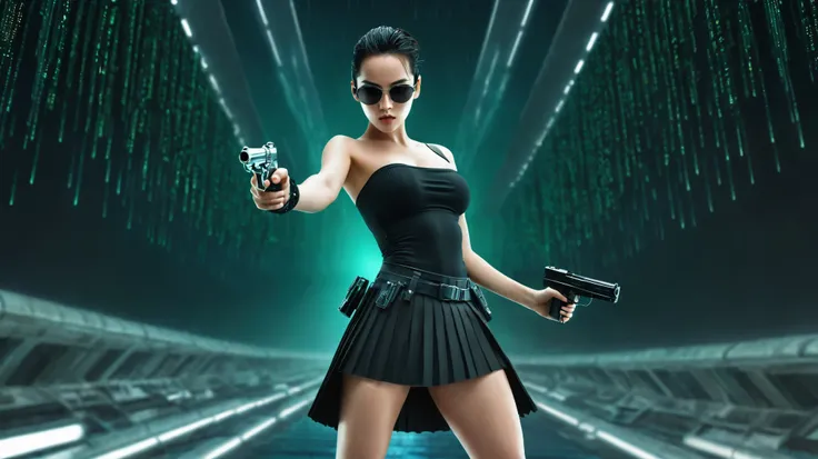 aerial view. sci-fi background. Matrix style, at night, dark sky, (1girl, solo))), photo realistic, (large-breast:1.2 slim body, cleavage:1.1), (((tube top, very short pleated miniskirt))), (((((matrix style black sunglasses))))), (((aiming at camera with ...