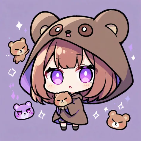 bangs bangs、Bangs、Crisp bangs、long brown hair、Wearing a dark brown bear hood、茶髪ロングのChibi Character、Wearing a dark brown bear ear hooded blanket、Purple Eyes、Purple betta background、Chibi Character、Holding a teddy bear、Bear face hood