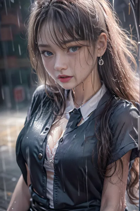 (RAW shooting, Photorealistic:1.5, 8k, highest quality, masterpiece, Ultra-high resolution), Perfect dynamic composition:1.2, Modern city street corner at night, Heartbroken:0.5, (((Typhoon heavy rain))), Highly detailed skin and facial textures:1.2, Slim ...