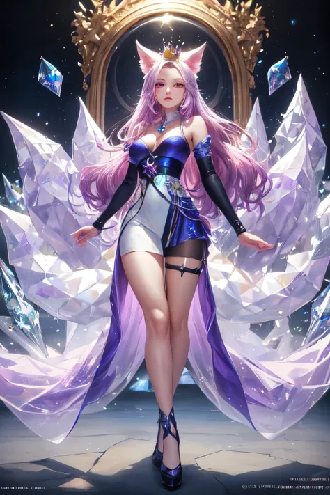 ((best quality)), ((masterpiece)), (detailed), detailed eyes, detailed hands, full-body, humanoid kitsune, diamond crown, light purple hair, light purple fox ears, crystal fox tails, crystal flower forehead marking