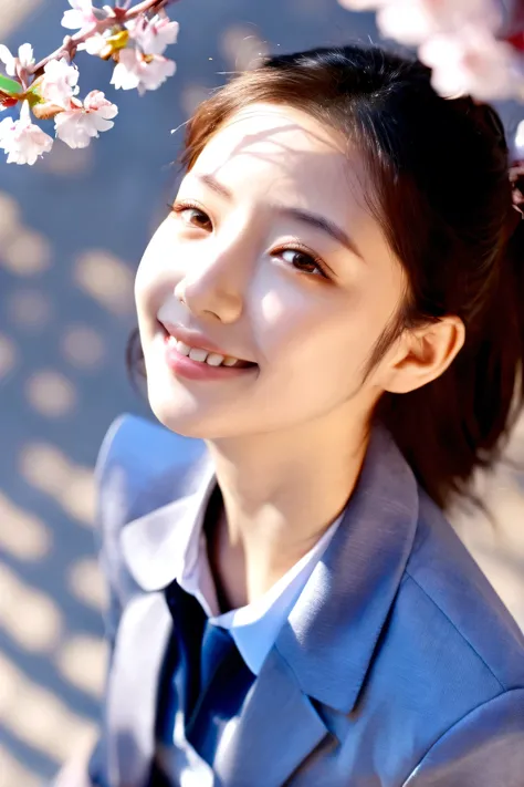 (Highest quality,masterpiece:1.3,Ultra-high resolution),(Very detailed,Caustics,8K),(Realistic:1.4,RAW shooting),1 Girl,(smile),(Looking up at cherry blossoms),18-year-old,cute,Japanese,Short black hair,(school uniform),glamorous,(big ),(Face Focus),street...