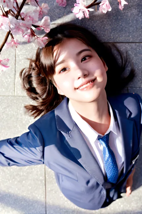 (Highest quality,masterpiece:1.3,Ultra-high resolution),(Very detailed,Caustics,8K),(Realistic:1.4,RAW shooting),1 Girl,(smile),(Looking up at cherry blossoms),18-year-old,cute,Japanese,Short black hair,(school uniform),glamorous,(big ),(Face Focus),street...