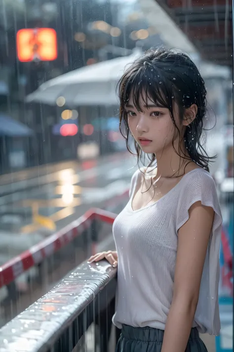 highest quality, masterpiece, 超A high resolution, Photorealistic, Raw photo, ((Beautiful woman)), 14 years old, Japanese, Black Hair, Straight Short Hair, Detailed face, Beautiful Eyes, Depth of written boundary, City streets, Raindrops, White T-shirt with...