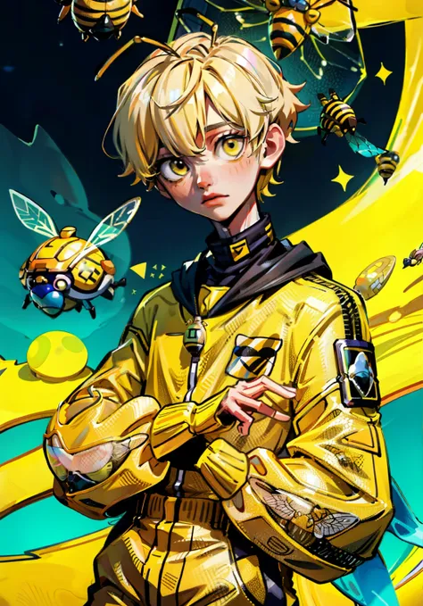 1kpop boy with yellow hair, bee antena, bee worker, wearing yellow striped turtle neck suit like bee