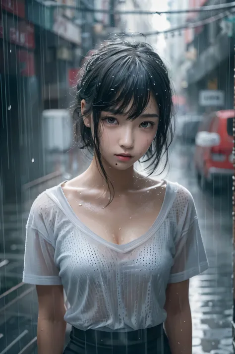 highest quality, masterpiece, 超A high resolution, Photorealistic, Raw photo, ((Beautiful woman)), 14 years old, Japanese, Black Hair, Straight Short Hair, Detailed face, Beautiful Eyes, Depth of written boundary, City streets, Raindrops, White T-shirt with...