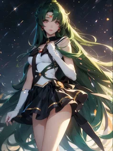 sailor pluto, 1 girl, dark green hair, long hair, brown eyes, detailed eyes, simple background, female focus, alone, Standing, Setsuna Meio, portrait, full body, (Masterpiece:1.0), (best quality:1.0 ), (wallpaper 8k:1.0), (detailed beautiful face:1.0), (de...