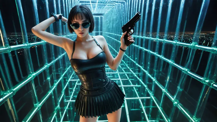 aerial view. sci-fi glass maze background. Matrix style, at night, dark sky, (1girl, solo))), photo realistic, (large-breast:1.3 slim body, cleavage:1.2), (((tube top, very short pleated miniskirt))), (((((matrix style black sunglasses))))), (((aiming at c...