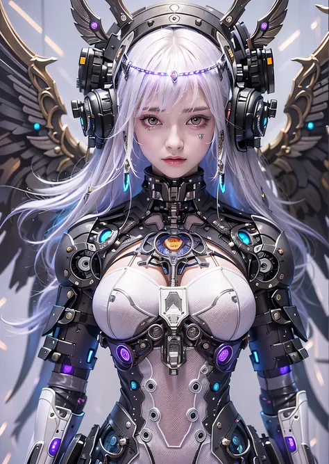 highest quality、masterpiece、超A high resolution、(Photorealistic:1.4)、RAW Photos、Battle Robot Angel、Large metal wings、White porcelain body、Acrylic transparent cover、White Hair、Glowing Skin、1 Cyborg Girl、((Ultra-Realistic Details))、Polate、Global Illumination、...