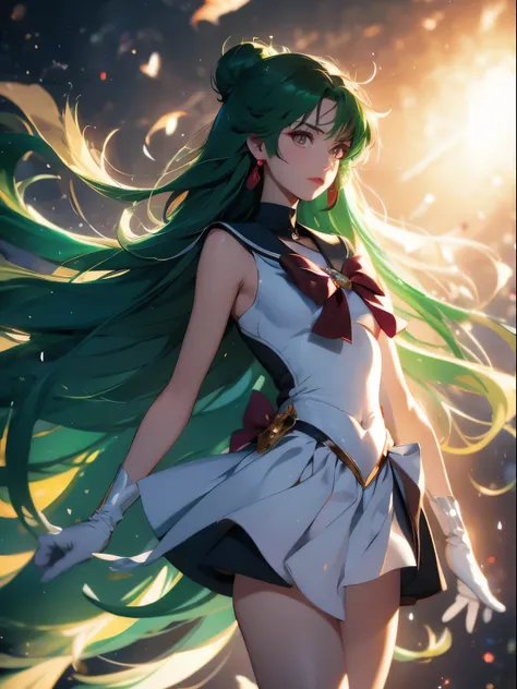 sailor pluto, 1 girl, dark green hair, long hair, brown eyes, detailed eyes, simple background, female focus, alone, Standing, Setsuna Meio, portrait, full body, (Masterpiece:1.0), (best quality:1.0 ), (wallpaper 8k:1.0), (detailed beautiful face:1.0), (de...