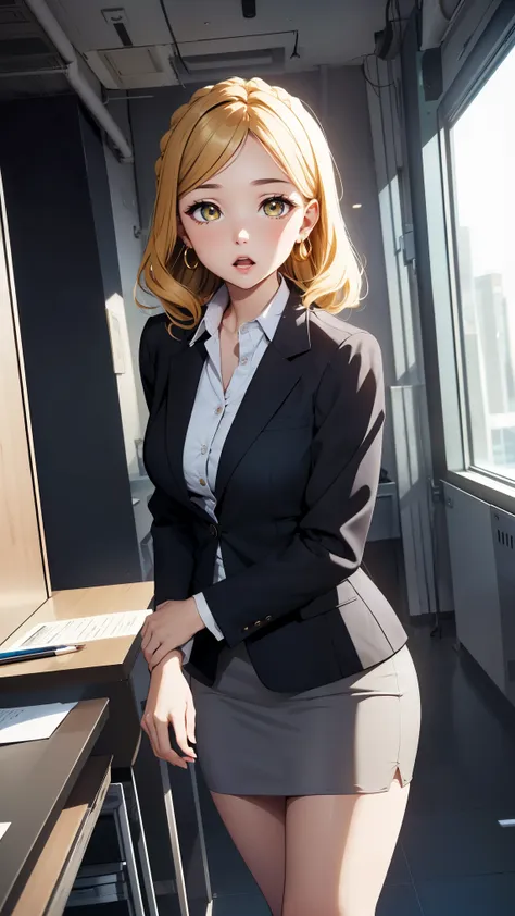 medium breasts, ohara mari, hair rings, blonde hair, yellow eyes, crown braid, medium hair,  (business suit, dress shirt, earrin...