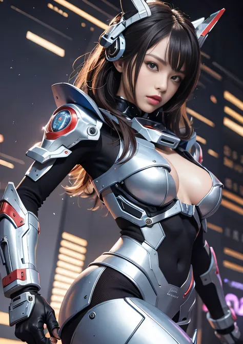 Textured skin, Super detailed, Attention to detail, high quality, 最high quality, High resolution, 1080P, Hard disk, beautiful,(Gundam),Beautiful cyborg woman,largely,She is wearing futuristic shiny metal mecha parts,Bust top covered with mecha, Mechanicall...