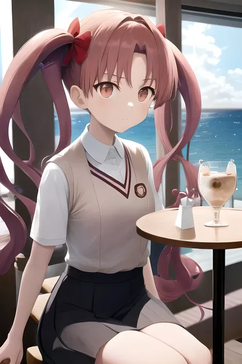 twin tails, shirai kuroko, tokiwadai , in a café with a view of the sea, masterpiece, best quality, very aesthetic, absurdres,