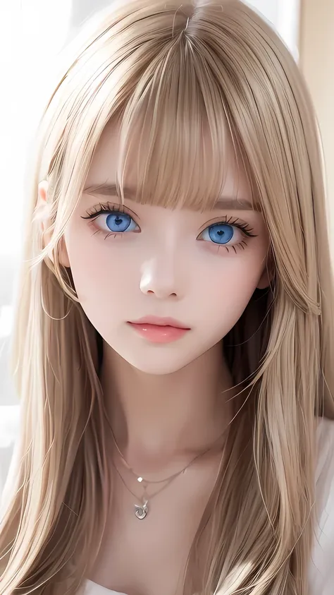 1 girl, very messy blonde hair, super long beautiful blonde、very beautiful super long shiny hair、bangs between the eyes、bangs on...