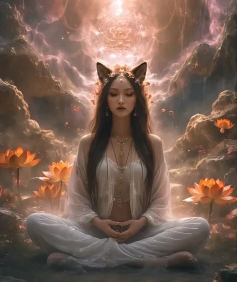 Lotus pose girl full body photography,Anatomically correct,Raw, Filming, (Be focused:1.5), (Reality:1.4), Dusk lighting, Volumetric Lighting, Ultra-high resolution, 16K,Dramatic Lighting, White background:1.5)(tangled,Mandala,dispute,Entanglement:0.7)Fox D...