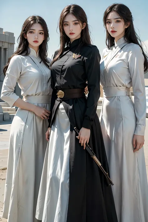 In this hyper-realistic image, three resplendent female soldiers are depicted in high resolution, each adorned with their military skirts and shouldering their guns with an air of professionalism. The trio stands in stark contrast to the towering tank besi...