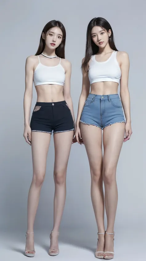 (8K、Raw photo、最high quality、masterpiece:1.5),(((((((Both of them stand with their legs apart:1.9))))))),(((((Both of them have an inseam that is more than half their height.:1.8))))),((Both have bare legs:1.6)),((Both of them are super slim:1.4))，(((((Two ...