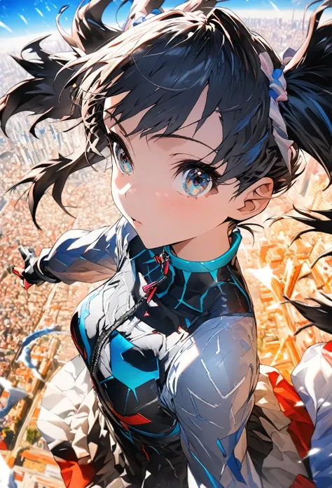 masterpiece, best quality, extremely detailed CG unity 8k wallpaper, A gal with twin tails. Unusual fashion. The background is a cityscape lined with buildings. Octane rendering style. 2.5D art.