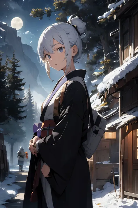 A man with white hair and dark purple eyes turning the white color of the moon. He wears a traditional black kimono with blue and gold details.. On your forehead, he has a crescent-shaped birthmark. hes in a forest, surrounded by trees and plants. The ligh...