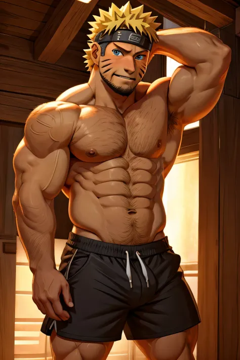 Naruto hairy shirtless, shorts, muscular, high definition 