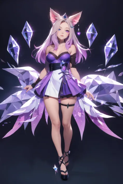 detailed eyes, detailed hands, full body image, humanoid kitsune, crystal crown, light purple hair, light purple fox ears, crystal fox tails, crystallize fox tails, flower forehead marking