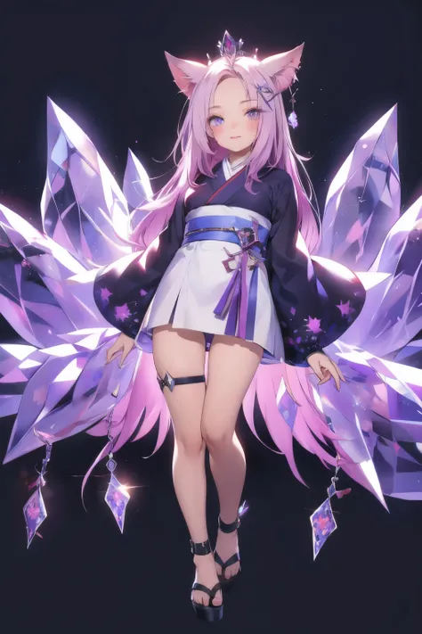 detailed eyes, detailed hands, full body image, humanoid kitsune, crystal crown, kimono clothing, light purple hair, light purple fox ears, crystal fox tails, crystallize fox tails, crystal forehead marking