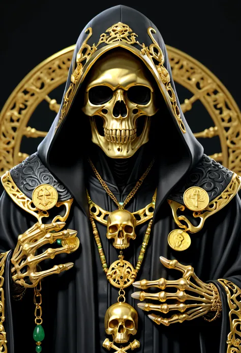 Grim Reaper character with skull face, black hooded robe, liquid gold details all over his face, jade stone inlays on his accessories, gold ingots and coins behind him, scythe in his skeletal hands, hyper-realistic, artistic