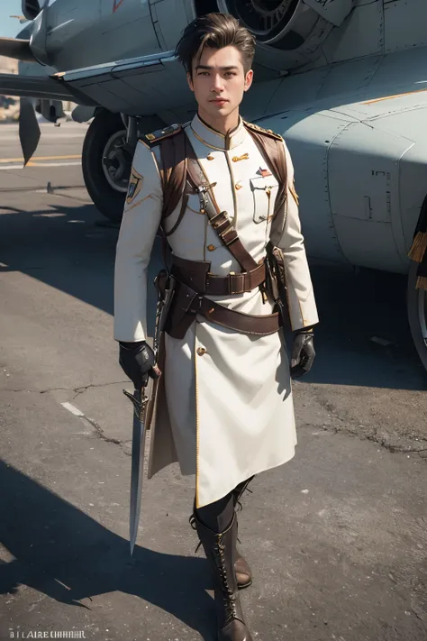 ((Top-quality)), ((Masterpiece)), ((Realistic)), (Detailed), (Photorealistic:1.5), Male soldier, military uniform, holding sword, handsome face, white skin, standing next to plane, shiny helmet, polished boots, saluting, dramatic pose, historic war scene, ...