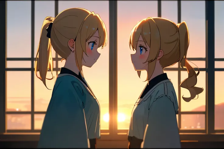 2 girls, twin girls staring at each other, from side, both blonde long pony tail, blue eyes, happy, (masterpiece), ((best quality)), (super detailed), (beautiful eyes beautiful details eyes, Clean and delicate face), sunset, window, cinematic lighting