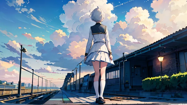 (Top quality, masterpiece),(One girl, standing on station platform, full body, uniform, short hair, white hair, facing away), (Summer sky, empty platform, cumulonimbus cloud, countryside, blue sky, street lamp),(Lo-fi art style)