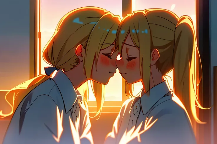 2 girls, twin girls kissing on the lips, from side, both blonde long pony tail, close eyes, (masterpiece), ((best quality)), (su...