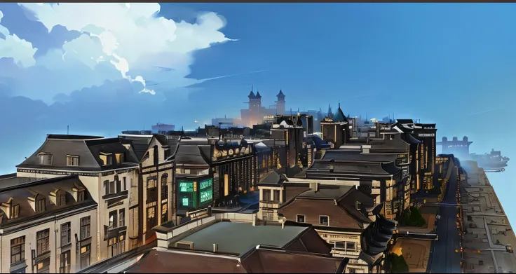 There is a painting，There is a clock tower in the painting, Downtown Background, Town Background, Background of Fuxing Port City, city View, Gaslight Fantasy City, Flintlock Fantasy City, Palace Background, 动漫风格city View, 维多利亚蒸汽朋克city View, roof, 城市roof, M...