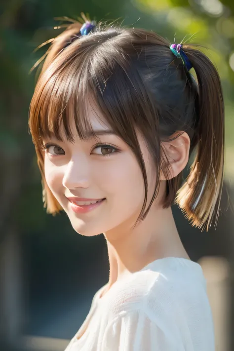 (Best Quality,4K,8K,hight resolution,masutepiece:1.2),Ultra-detailed,Realistic,Extremely detailed, Colorful tones, Soft lighting smile,((Twin Tails)),(short cut hair:1.4),