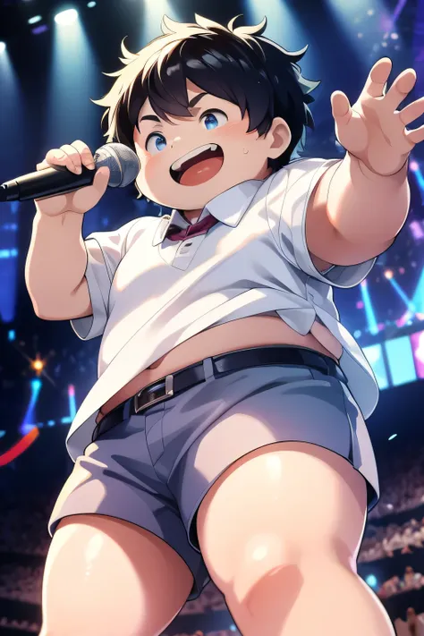 fat boy，idol singer，school，shorts，happy，sing，on stage，high quality，high-definition，masterpiece，