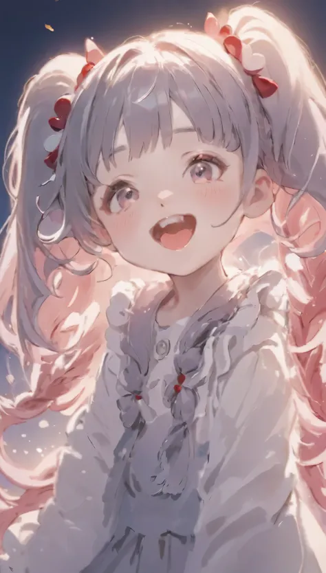 Highest quality、masterpiece、One Girl、12 years old、White skin、Wicked Smile:0.8、Open your mouth、(Sticking out tongue)、Pink Hair。Twin tails、Hair Clip、big hair clip、Cute Hair Clips、Gray eyes、Little red cheeks and nose、BREAK、Happy, Warm and soft lighting, sunse...