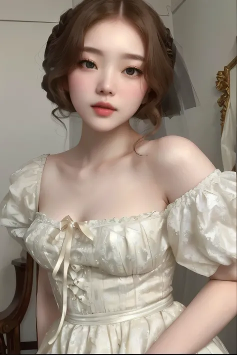 there is a woman in a dress posing for a picture, puff sleeves, belle delphine, pale fair skin!!, porcelain pale skin, 🤤 girl portrait, lovely delicate face, a stunning young ethereal figure, ivory pale skin, wearing a cute top, wearing 10s era clothes, in...