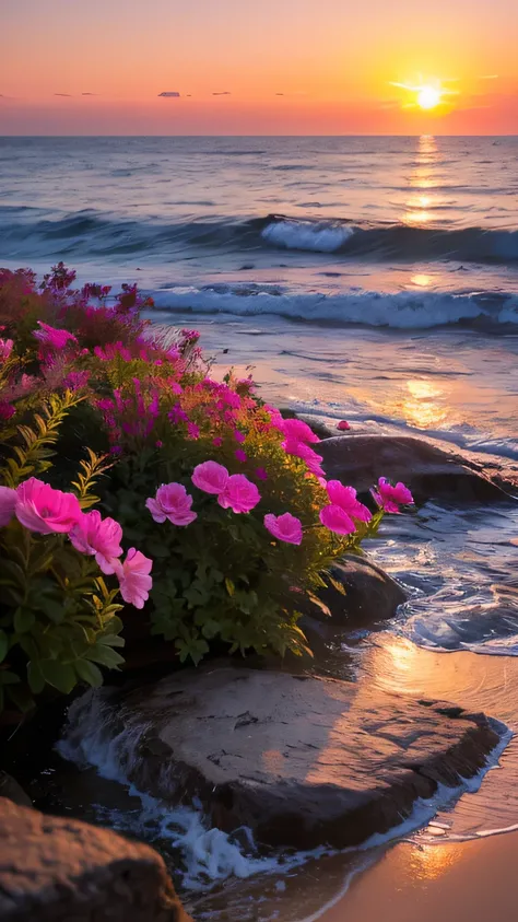 Ocean Waves, sunset, Bush, Pink Sky, Flowers,rock