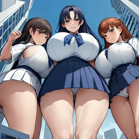 Urban Background,bluesky,giantess,detaileds,Top image quality,((Three high school girls of the same height wearing dark blue pleated are lined up).,((very very gigantic boobs)),cleavage of the breast,Emphasize,s ass,White panty,T-back,Futomo,A dark-haired,...