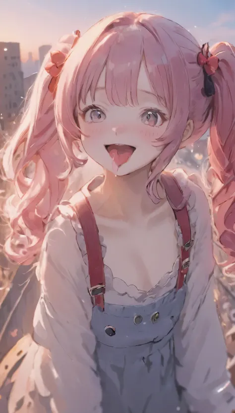 Highest quality、masterpiece、One Girl、16 years old、White skin、Wicked Smile:0.8、Open your mouth、(Sticking out tongue)、Pink Hair。Twin tails、Hair Clip、big hair clip、Cute Hair Clips、Gray eyes、Little red cheeks and nose、BREAK、Happy, Warm and soft lighting, sunse...