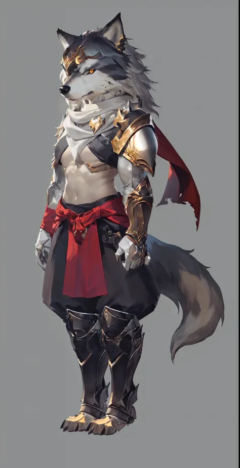 Close-up of man in wolf costume, Wolf-inspired armor, detailed Whole body concept art, detailed Whole body concept, Anthropomorphic wolf girl, Wearing a white scarf，Whole body concept, Wolf Armor, Minotaur Wolf, High resolution commissions, Male Warrior, F...