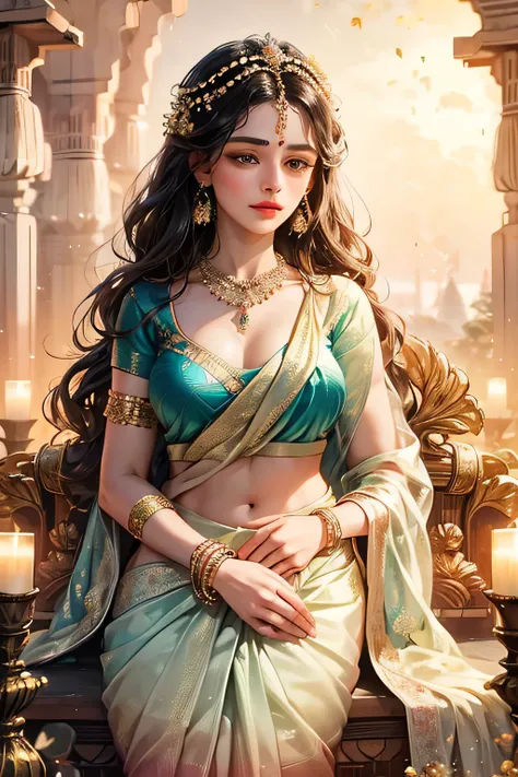 Goddess, very beautiful, animated style, closeup shot, anime in a (((combination indian traditional saree))) (((saree))) (((blouse))), long black wavy hair untied, head jewellery, head clips, head chains, head tiara, necklace, long and beautiful earings, a...