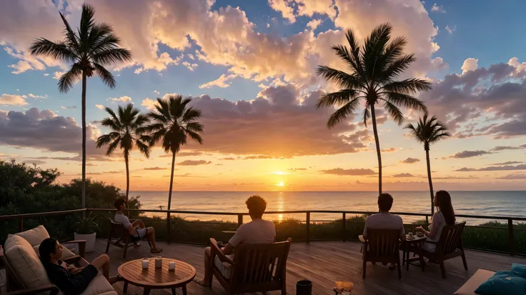 Arafif sits in a chair、A coffee cup is placed on the table, ビーチのWatching the sunset, Girl watching the sunset on the beach, relax time. Nice view, Watching the sunset, Santa Monica, Sunset view, Palm Palm,美しいWatching the sunset, Warm and beautiful scenery,...