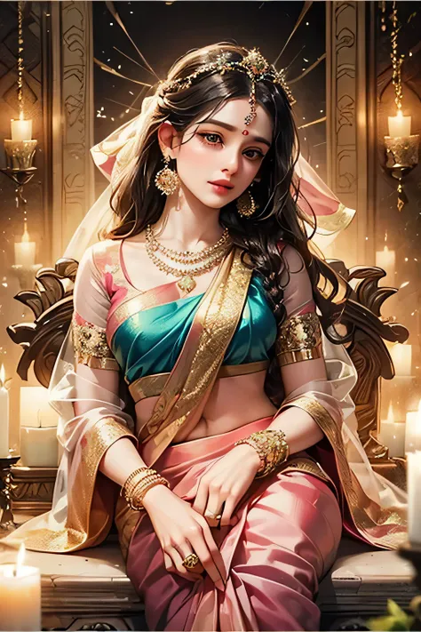 Goddess, very beautiful, animated style, closeup shot, anime in a (((combination indian traditional saree))) (((saree))) (((blouse))), long black wavy hair untied, head jewellery, head clips, head chains, head tiara, necklace, long and beautiful earings, a...